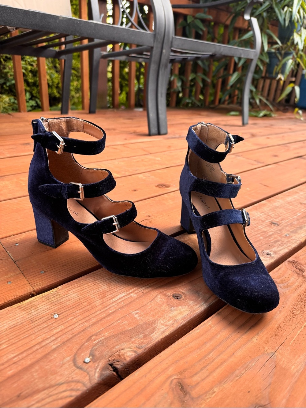 Navy Blue Velvet Strappy Block Heel Pumps